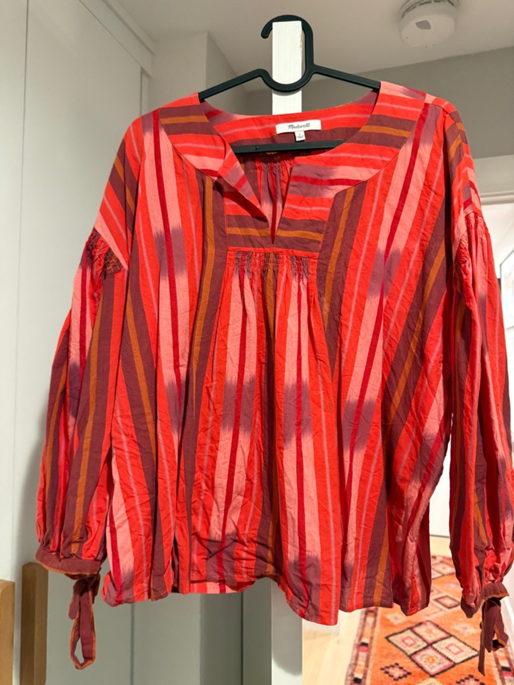 Madewell Red and Pink Striped Peasant Blouse